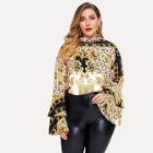 Shein Plus Flounce Sleeve Scarf Print Blouse