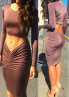 Rosewe Two Piece Brown Ruched Design Bodycon Dress