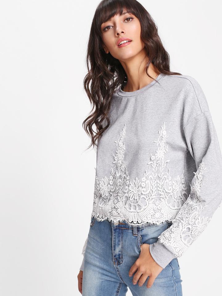 Shein Lace Applique Scallop Hem Marled Sweatshirt