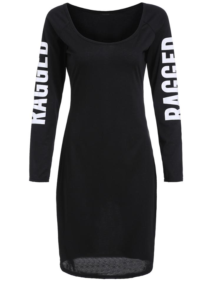 Shein Black Scoop Neck Letters Print Ripped Dress