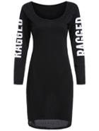Shein Black Scoop Neck Letters Print Ripped Dress