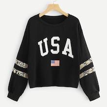 Shein Contrast Sequin Letter And Flag Print Sweatshirt