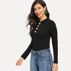 Shein Button Detail Keyhole Back Collared Ribbed Tee
