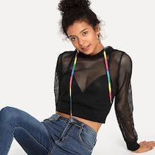 Shein Rainbow Drawstring Hoodie Fishnet Sweatshirt