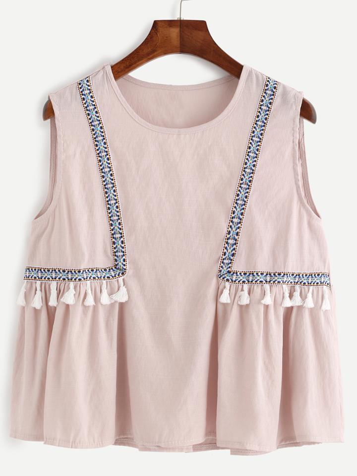 Shein Embroidered Tape Detail Tassel Trim Top