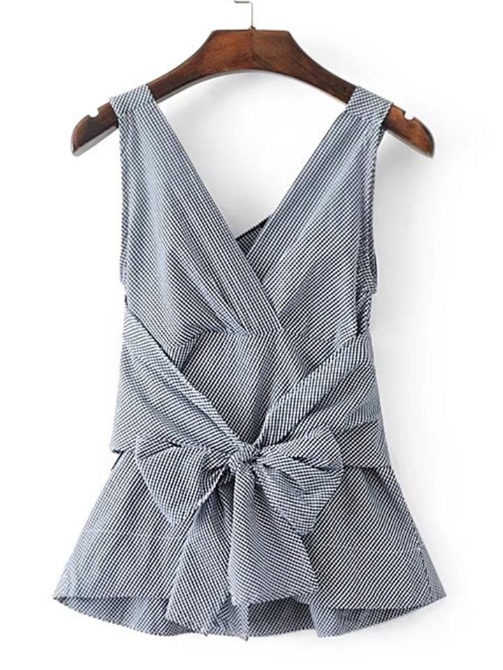 Shein V-neckline Bow Tie Waist Gingham Sleeveless Top