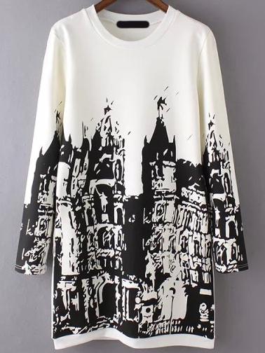 Shein White Black Round Neck Building Print Dress