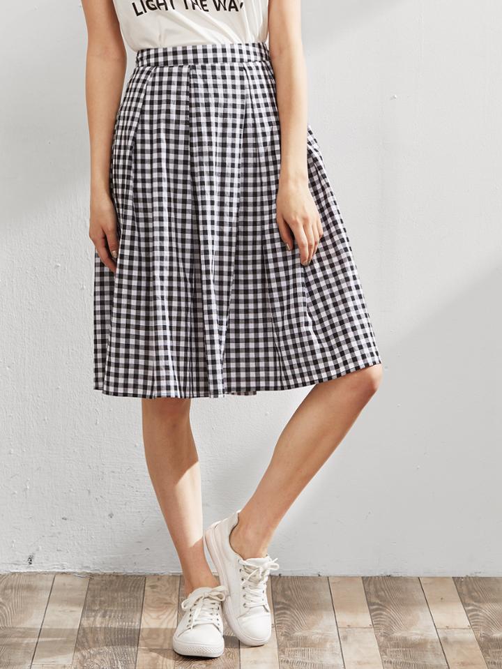 Shein Band Waist Zip Back Box Pleated Checkered Skirt