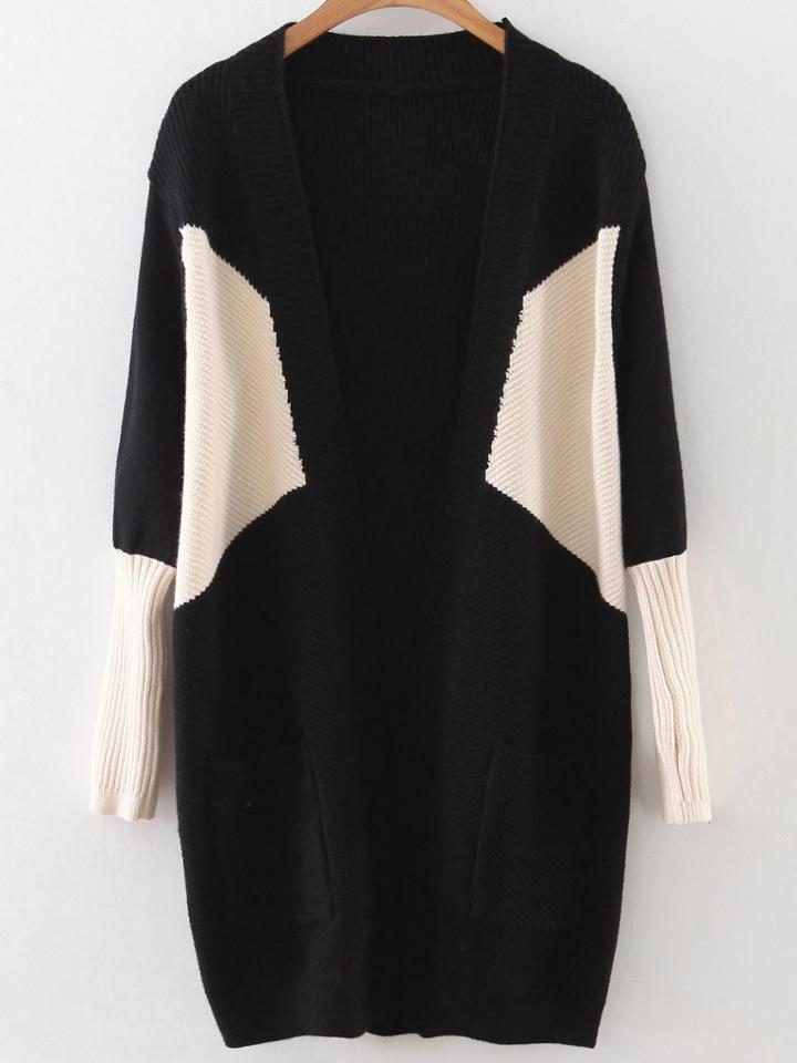 Shein Black Color Block Ribbed Trim Cardigan With Pockets