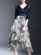 Shein Navy V Neck Flowers Print A-line Dress