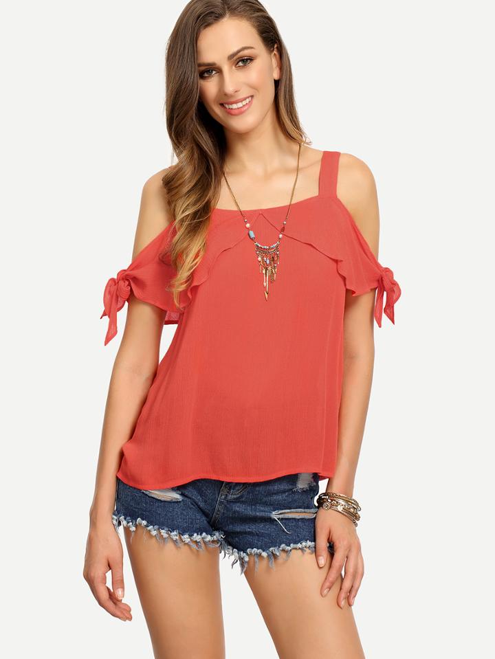 Shein Red Cold Shoulder Tie Cuff Blouse