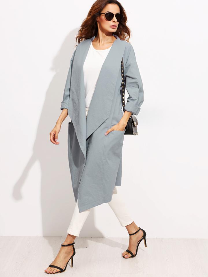 Shein Blue Drop Shoulder Shawl Collar Duster Coat With Pocket