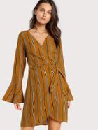 Shein Striped Self Tie Wrap Dress Mustard