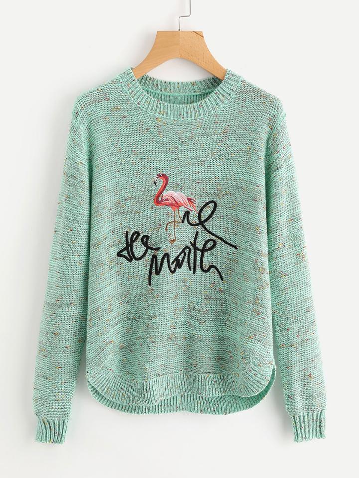 Shein Curved Hem Flamingo Embroidered Fleck Jumper