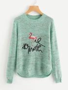 Shein Curved Hem Flamingo Embroidered Fleck Jumper