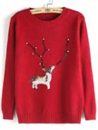 Shein Red Round Neck Bead Deer Patterned Sweater