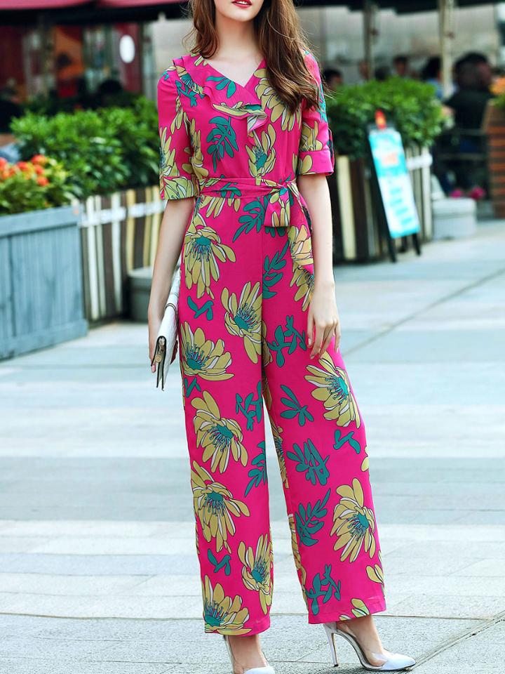 Shein Hot Pink V Neck Tie-waist Print Jumpsuits