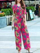 Shein Hot Pink V Neck Tie-waist Print Jumpsuits