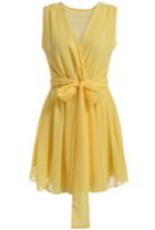 Shein Yellow Robe V Neck Sleeveless Tie-waist Chiffon Dress
