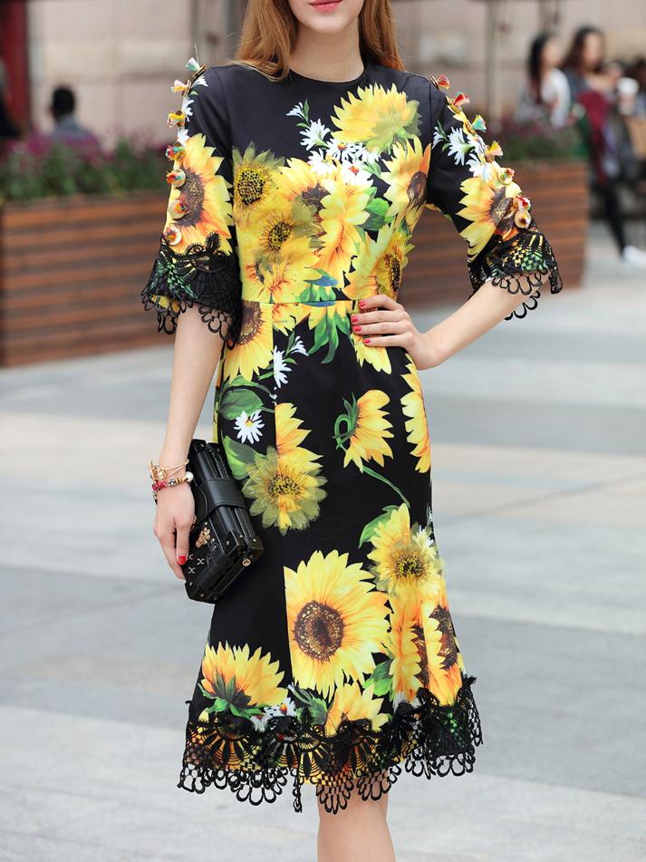 Shein Black Flowers Applique Sunflowers Print Fishtail Dress