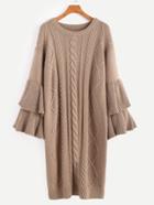 Shein Coffee Mixed Knit Layered Ruffle Sleeve Sweater Dress