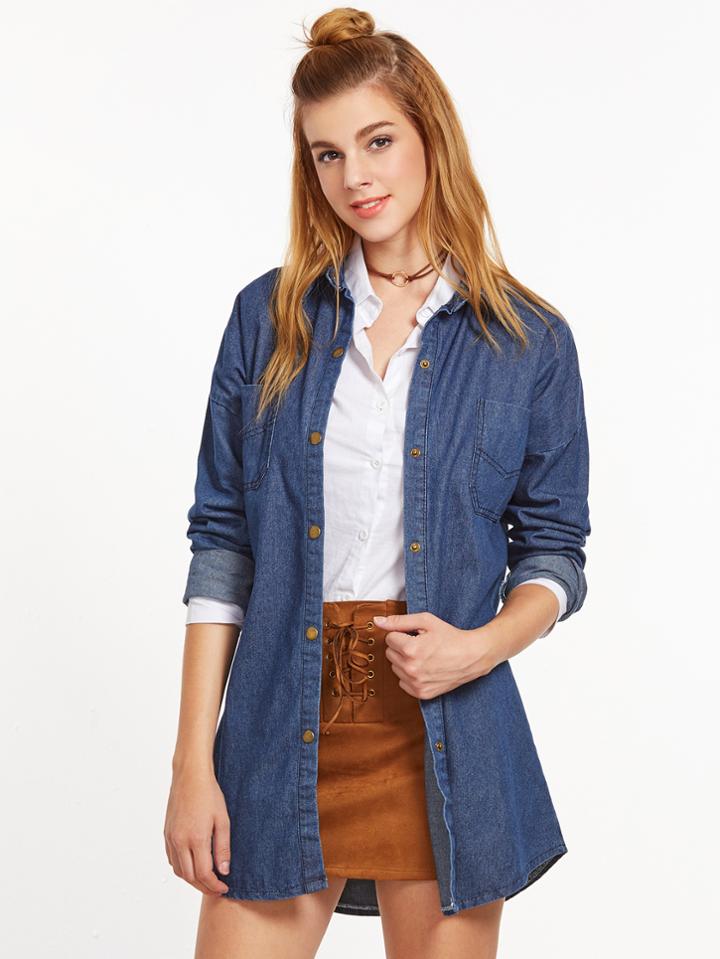 Shein Dark Blue Drop Shoulder Single Breasted Pockets Denim Coat