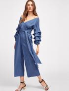 Shein Gathered Sleeve Sash Tie Surplice Wrap Chambray Culotte Jumpsuit
