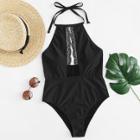 Shein Lace Trim Plunging Halter Swimsuit