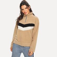 Shein Quarter Zip Contrast Striped Teddy Sweatshirt