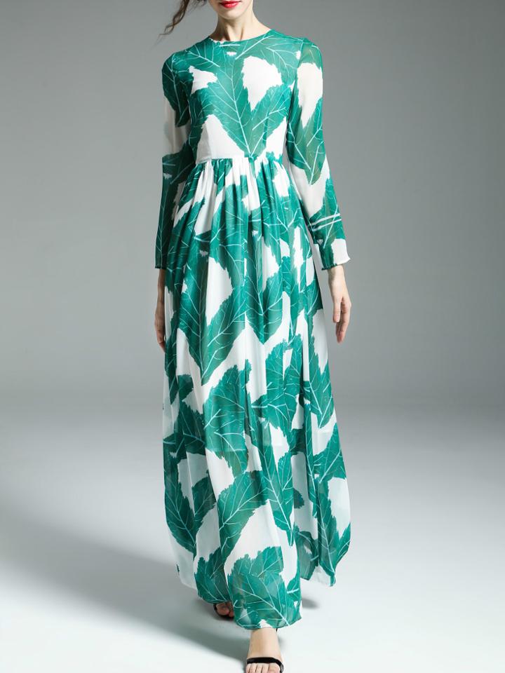 Shein Green Leaves Print Maxi Dress