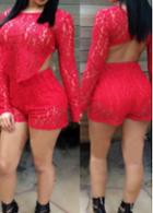 Rosewe Red Backless Lace Top And High Waist Shorts