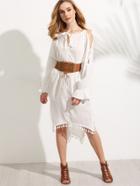 Shein White Tassel Trim Split Sleeve High Low Dress
