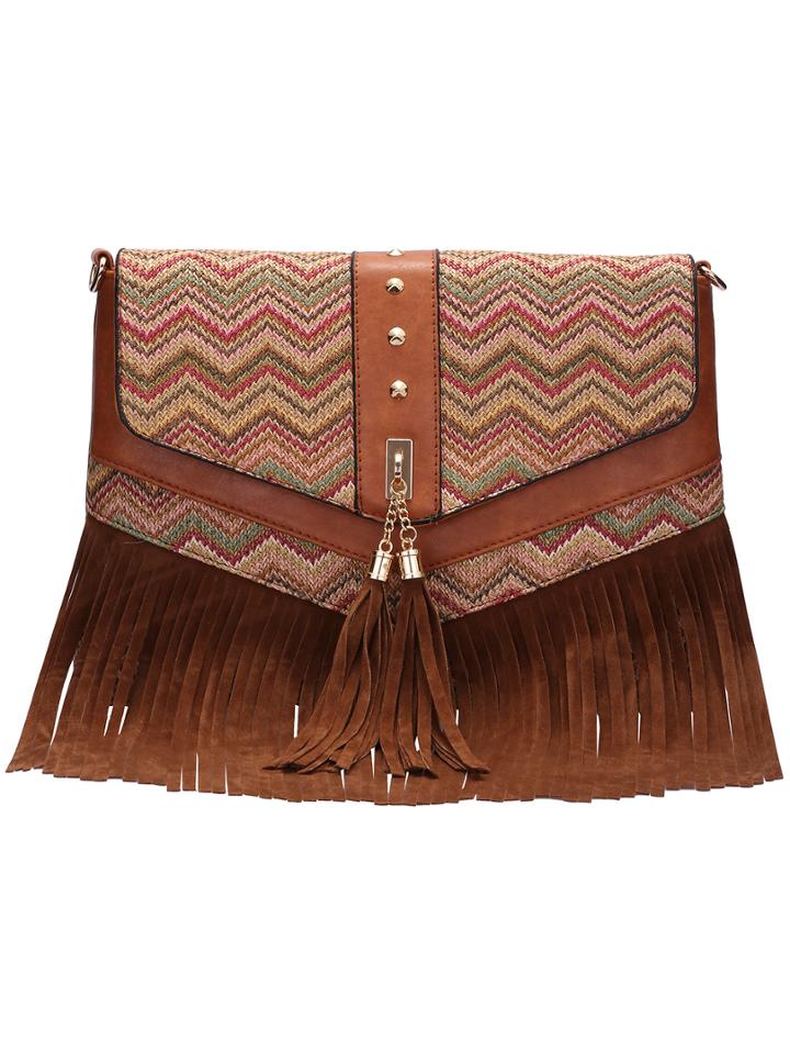 Shein Khaki Fringe Braided Cross Body Bag