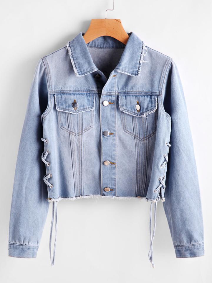Shein Faded Wash Lace Up Side Denim Jacket