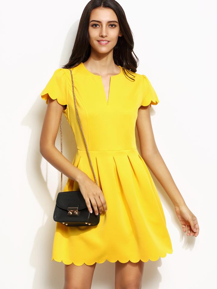 Shein Yellow Scalloped Notch Neck A Line Dress