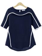 Shein Blue Trimmed Buttoned Keyhole Back Loose Blouse