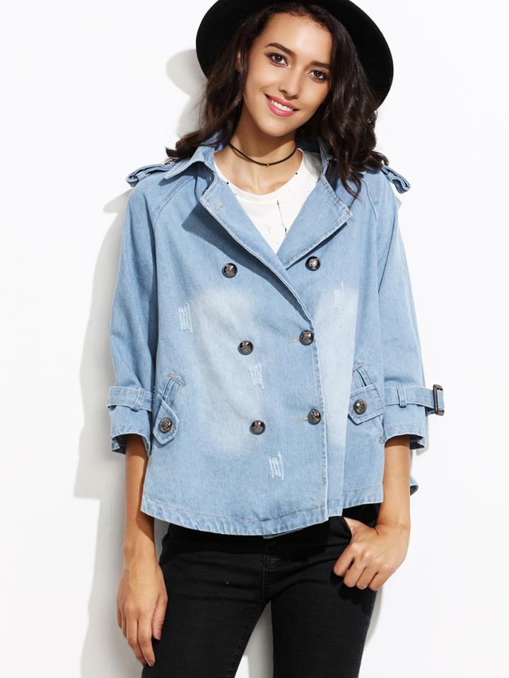 Shein Blue Double Breasted Denim Coat