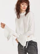 Shein White Ruffle Collar Pleated Bell Sleeve Top