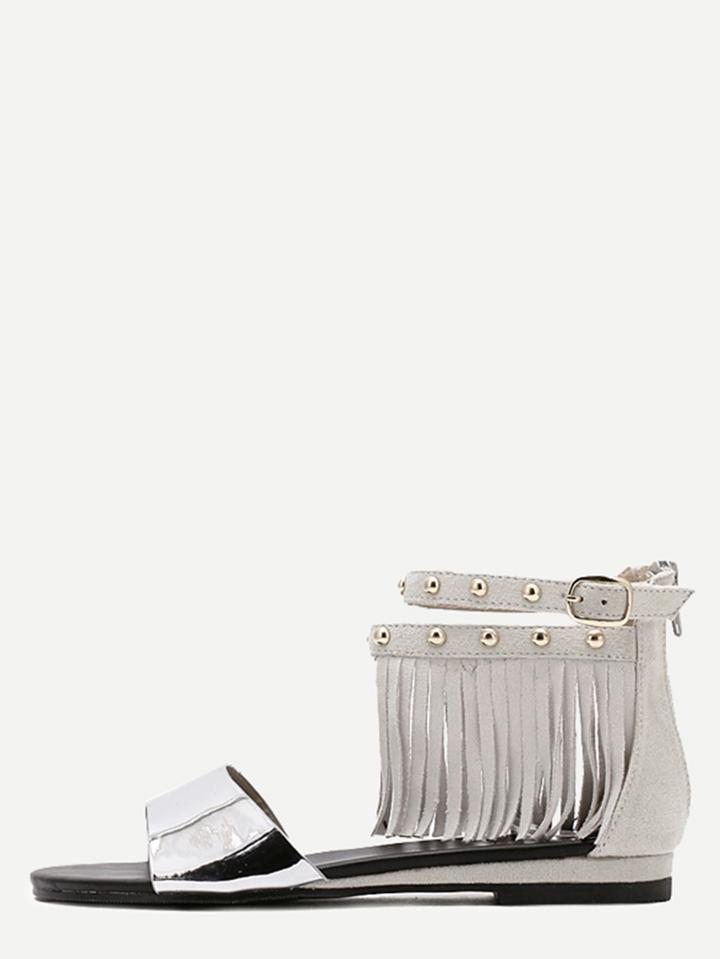 Shein Silver Metallic Ankle Strap Fringe Sandals