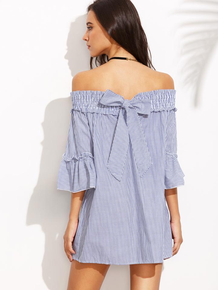 Shein Blue Vertical Striped Smocked Off The Shoulder Dress
