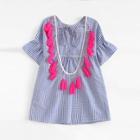 Shein Tassel Trim Open Back Gingham Smock Top