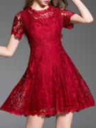 Shein Burgundy Crew Neck A-line Lace Dress