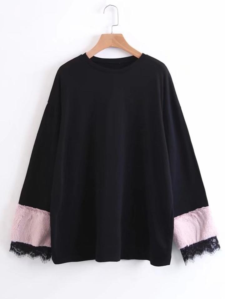 Shein Faux Fur & Eyelash Lace Cuff Boyfriend Sweatshirt