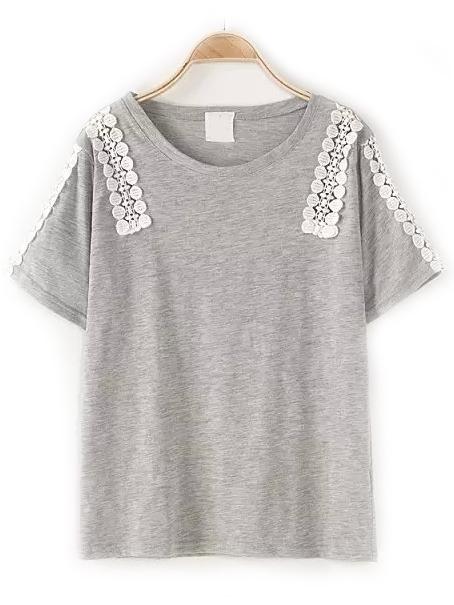 Shein Grey Crew Neck Lace Loose T-shirt