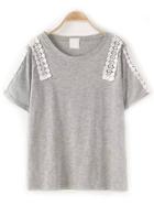 Shein Grey Crew Neck Lace Loose T-shirt