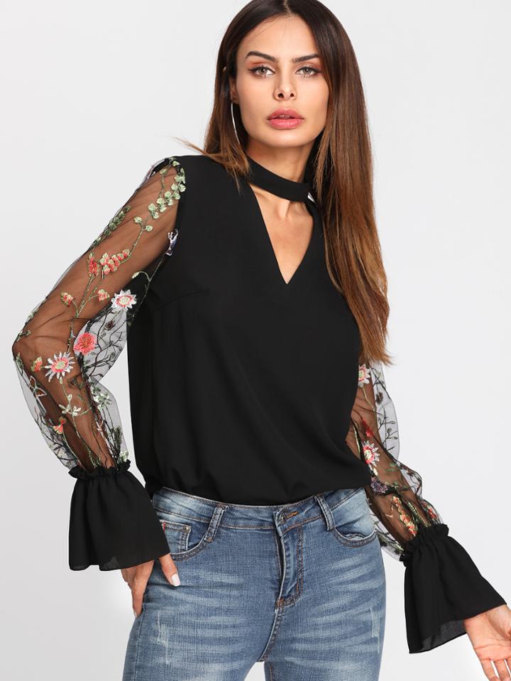 Shein Embroidered Mesh Sleeve Choker Neck Blouse