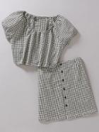 Shein Black And White Plaid Puff Cuff Blouse With Skirt