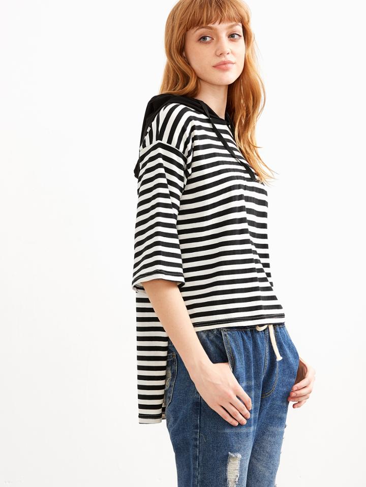 Shein Contrast Striped Elbow Sleeve High Low Hooded T-shirt