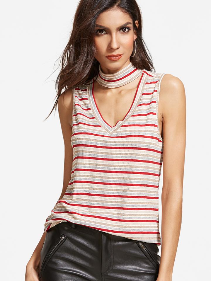 Shein Multicolor Striped V Cutout High Neck Top