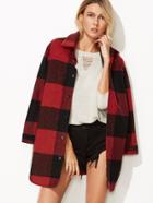 Shein Black And Red Checkered Button Up Curved Hem Coat